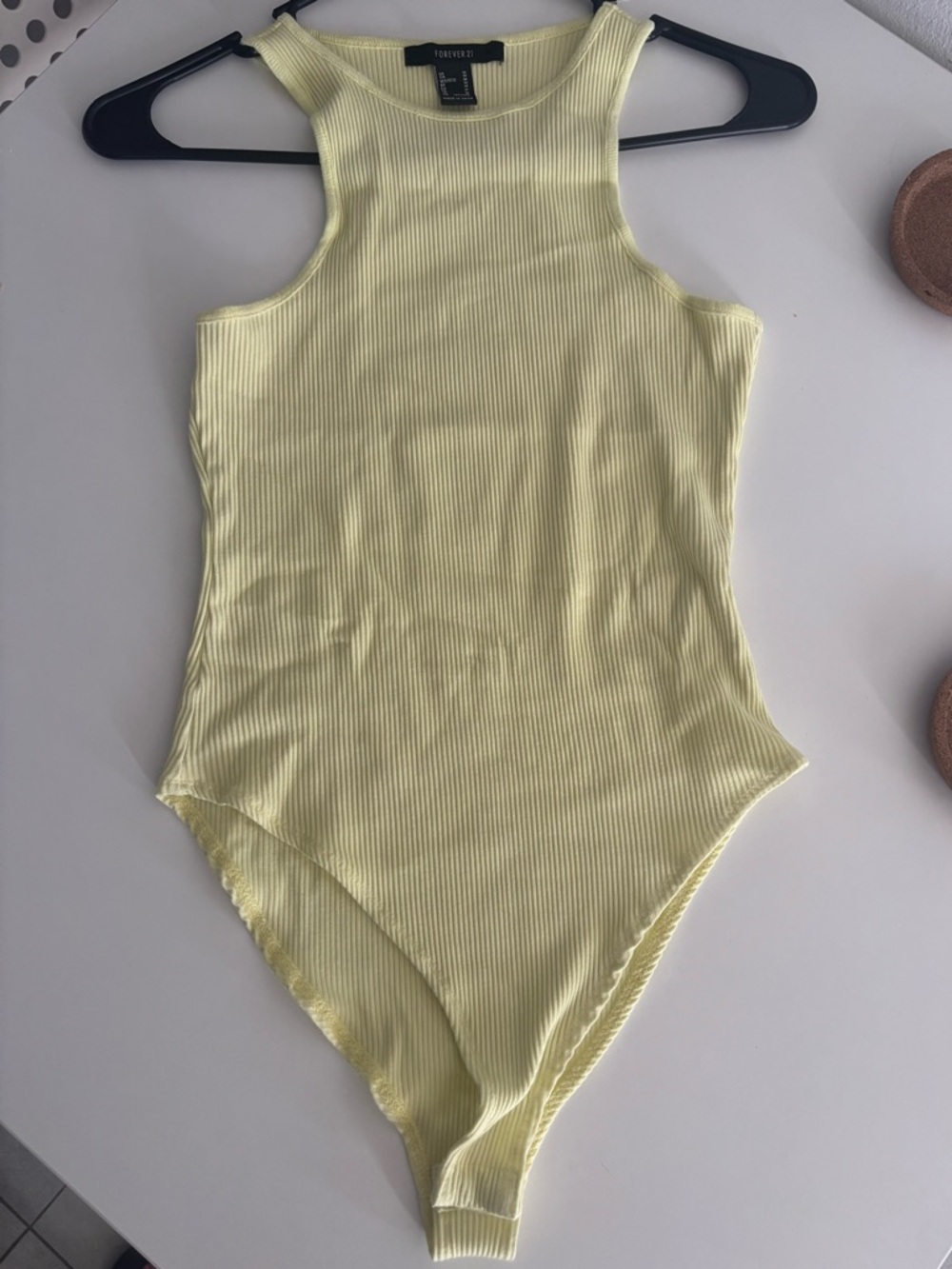 Forever 21 Yellow Ribbed High Neck Sleeveless Bodysuit - M
